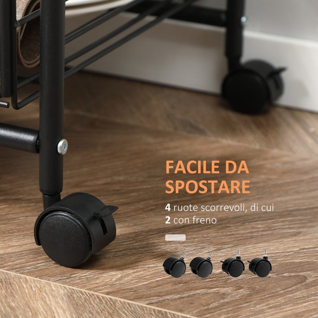 Kitchen trolley with 2 removable metal baskets, 2 chipboard shelves and side hooks, 40x38x111cm - Borgè