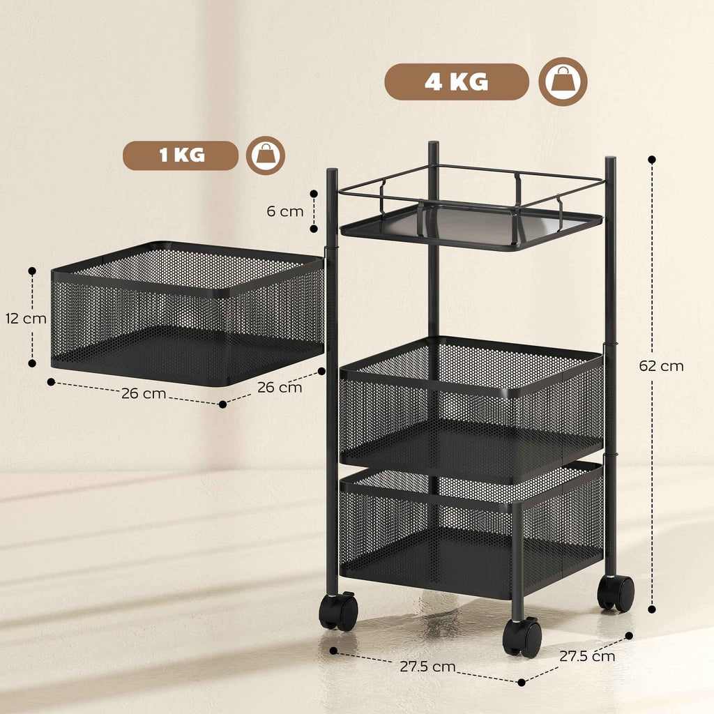 HOMCOM 3-Tier Kitchen Cart with Rotating Metal Baskets, Wheels and Brake, 27.5 x 27.5 x 62 cm, Black