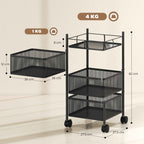 HOMCOM 3-Tier Kitchen Cart with Rotating Metal Baskets, Wheels and Brake, 27.5 x 27.5 x 62 cm, Black