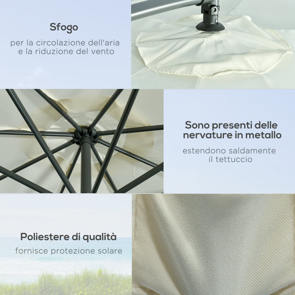 Decentralized Umbrella with 6 Ribs with Crank and Cross Base, in Metal and Polyester, Ø292x247 cm, Beige