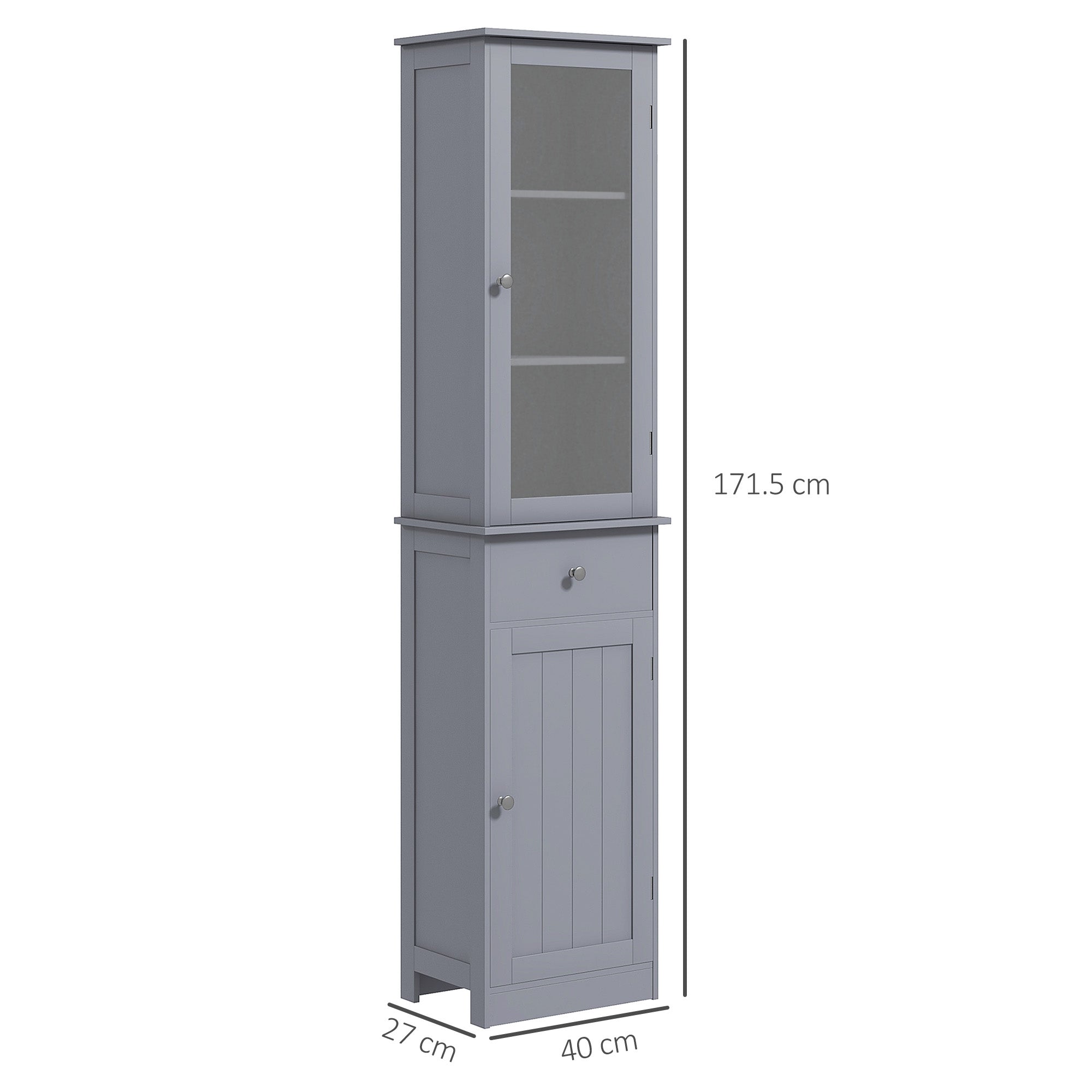 Bathroom Column Cabinet Space Saving with Cabinet, Drawer and MDF Shelves, 40x27x171.5cm, Grey