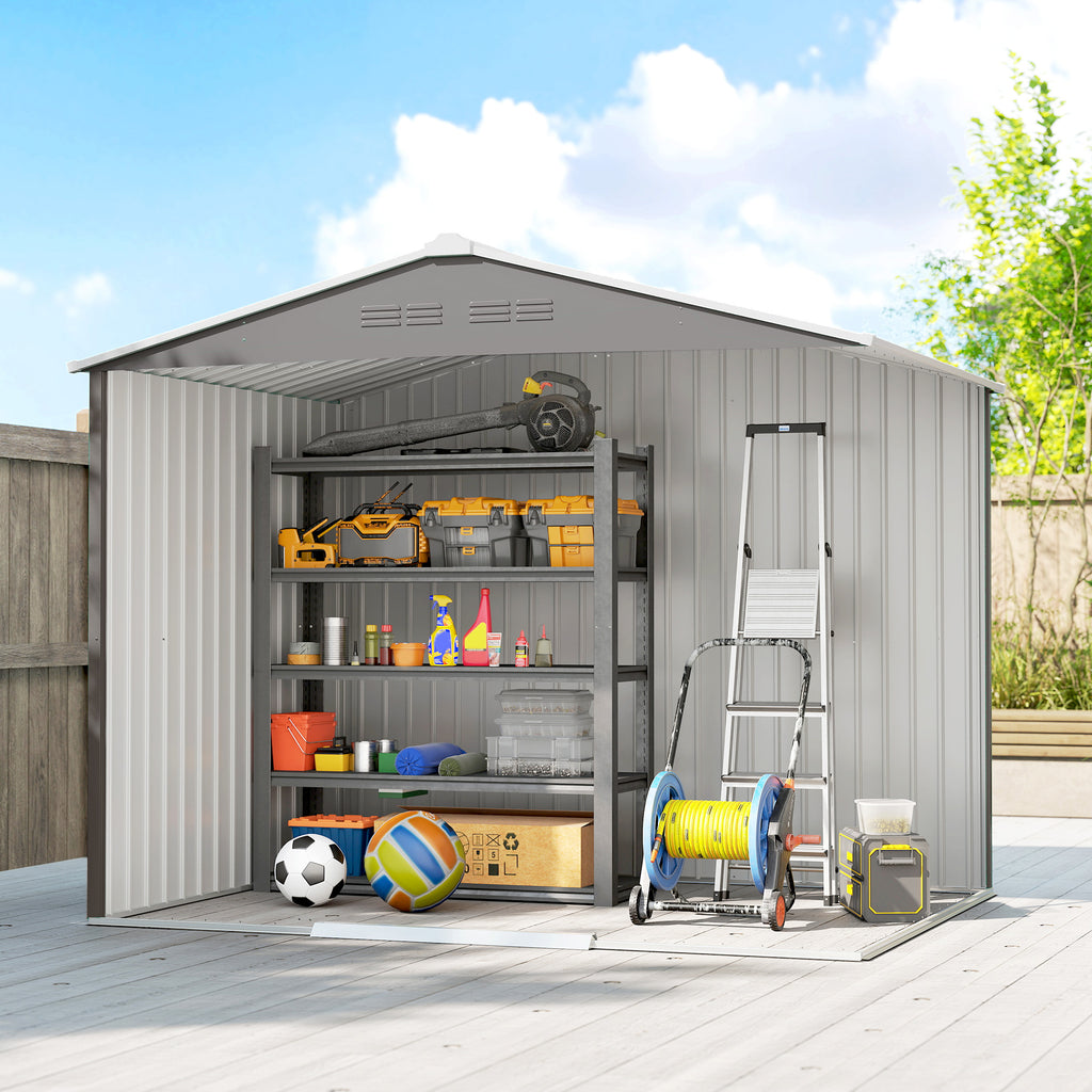 Outsunny 2.3x1.7 m Steel Garden Shed with Air Vents and Double Sliding Door, Wood Effect