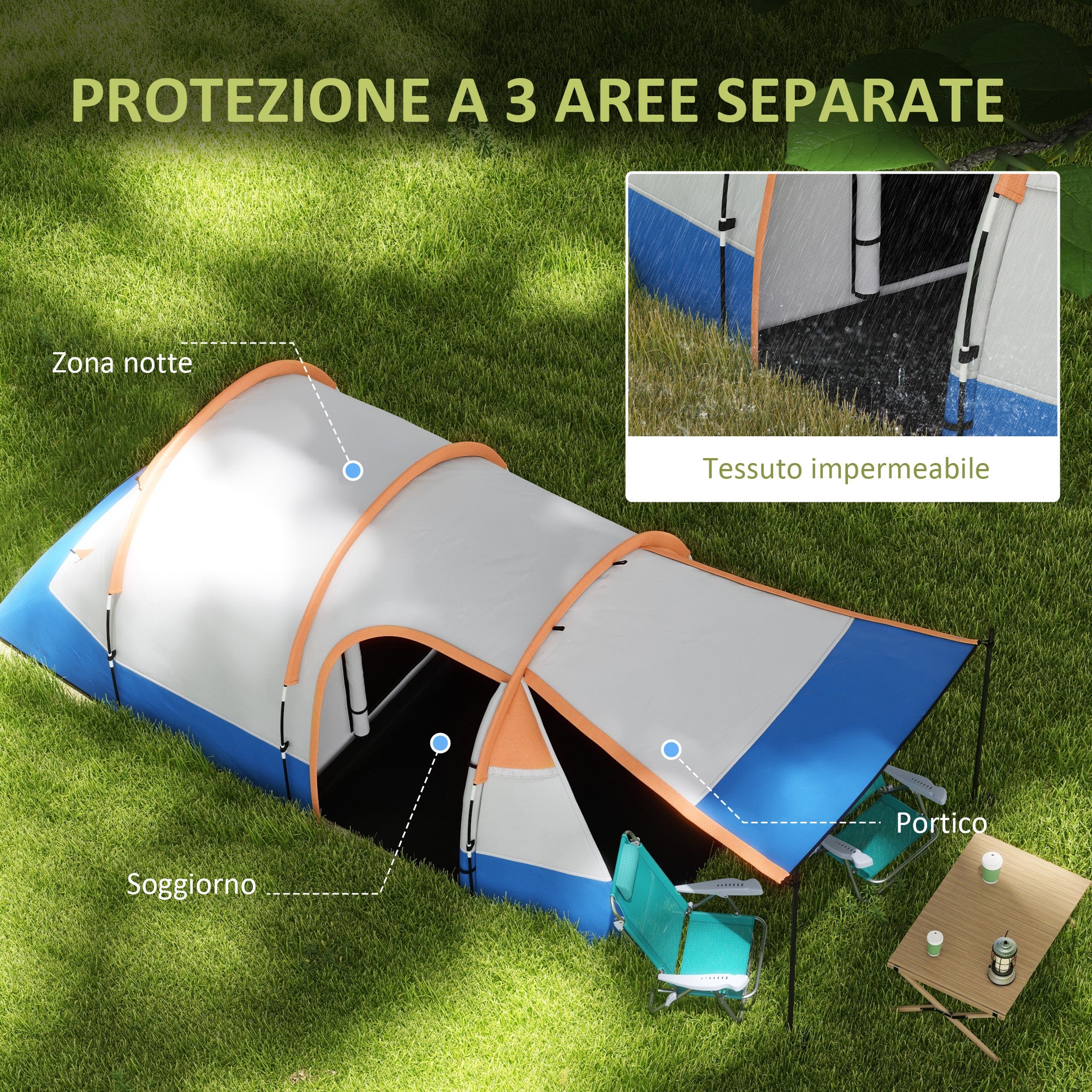 Waterproof Camping Tent with 2 Areas and 3 Entrances, Polyester and Fiberglass, 420x200x150 cm, Orange