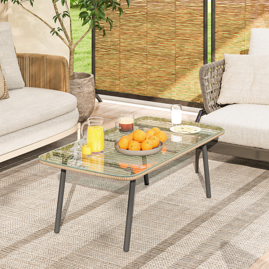 PE Rattan Garden Table with Glass and Steel Top, 110x60x40 cm, Natural Wood