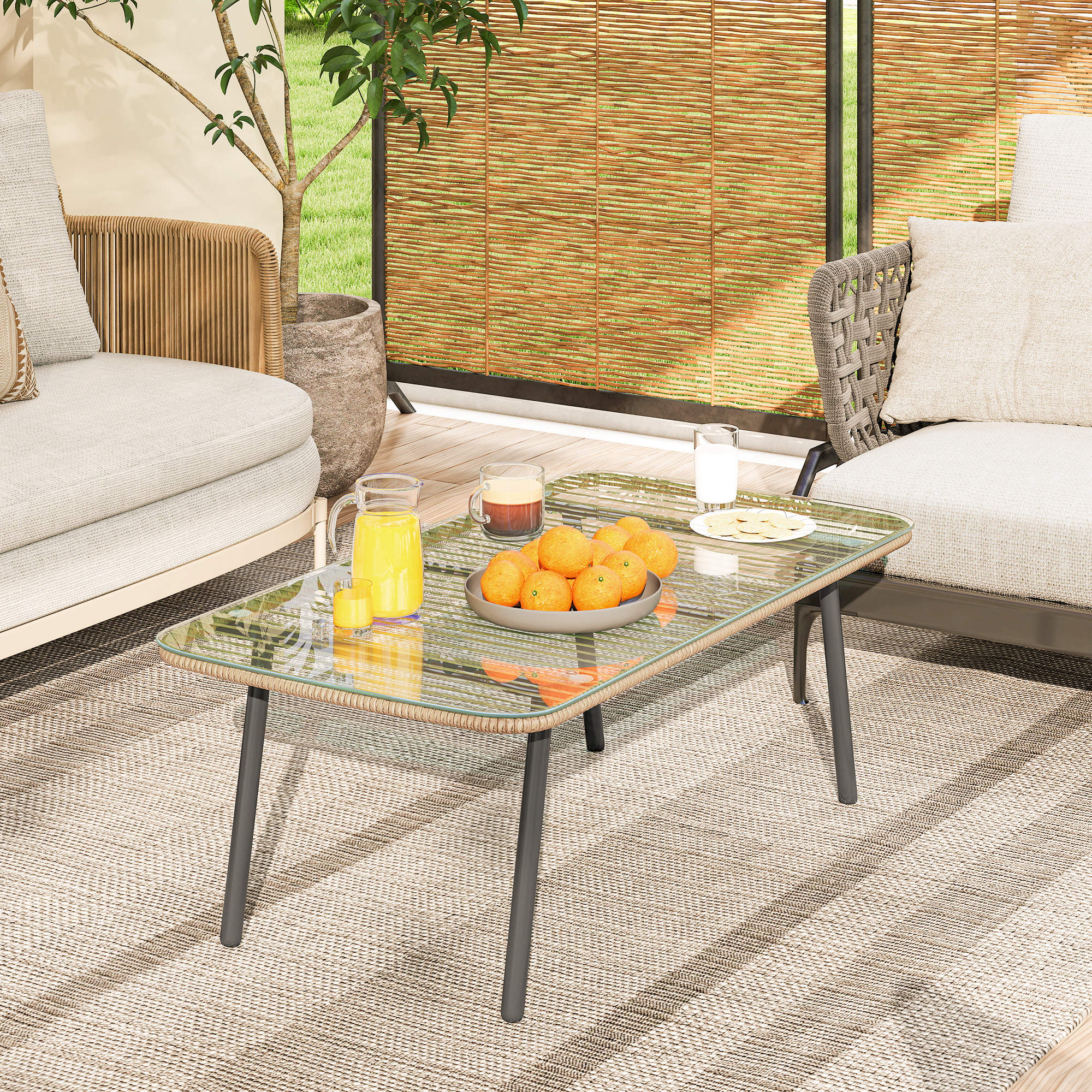 PE Rattan Garden Table with Glass and Steel Top, 110x60x40 cm, Natural Wood