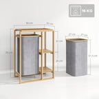 Laundry Basket with Pull-Out Bag and Bamboo Slatted Shelves, 50x32x70 cm, Grey
