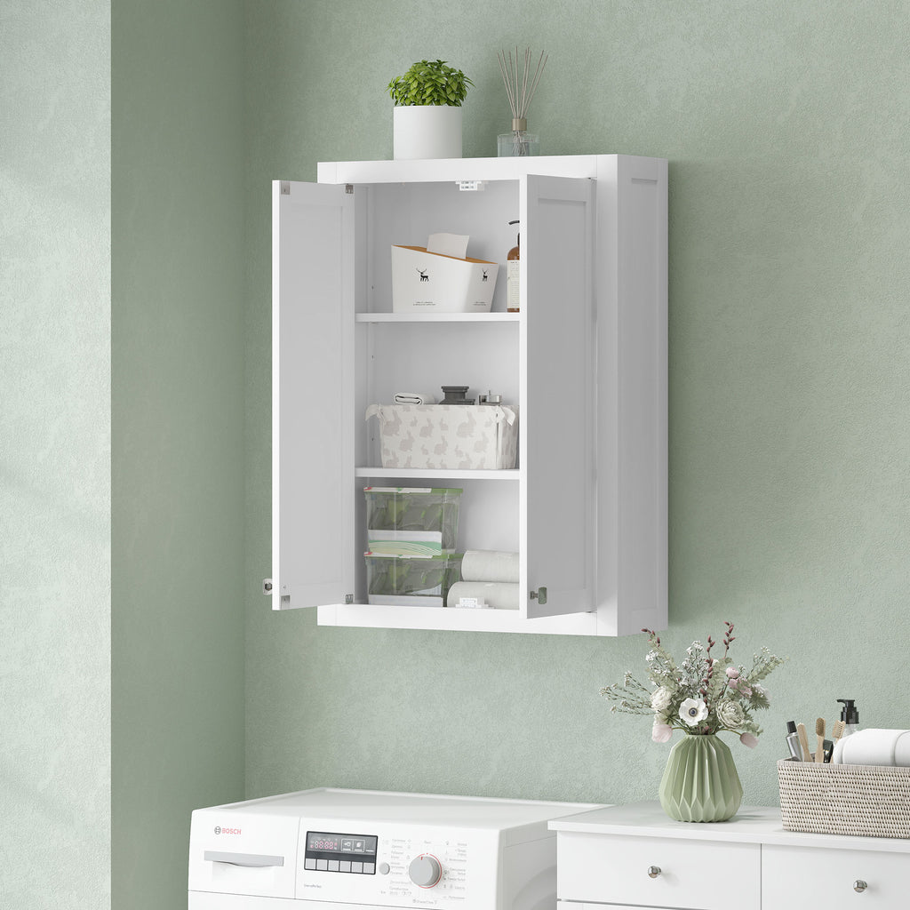 Wall-Mounted Wooden Bathroom Cabinet with 2 Adjustable Shelves on 3 Levels, 61x20x84 cm, White
