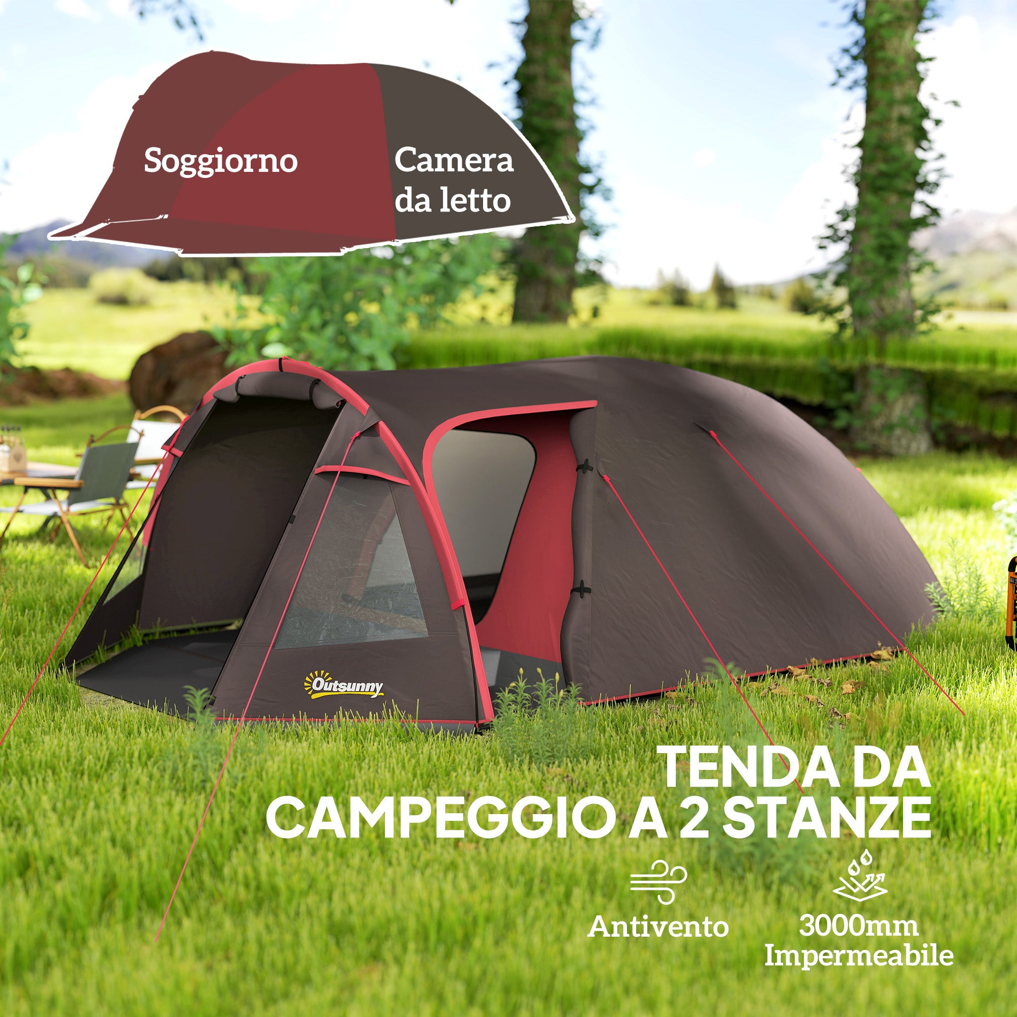 2-4 Person Camping Tent with Separate Rooms, Waterproof with Double Doors, Gray