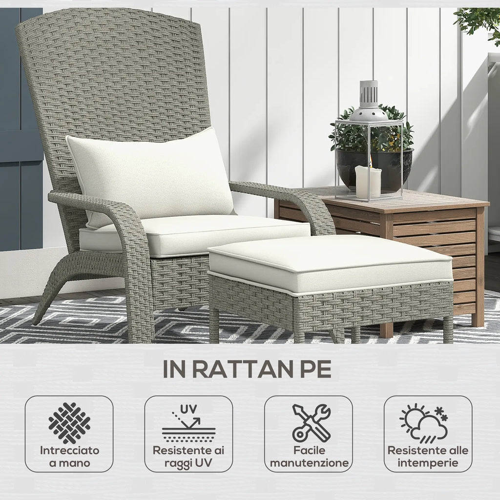 Garden Chair with Footrest and Padded Cushions, in Rattan and Steel, 64x82x89 cm, Grey and Cream