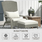 Garden Chair with Footrest and Padded Cushions, in Rattan and Steel, 64x82x89 cm, Grey and Cream