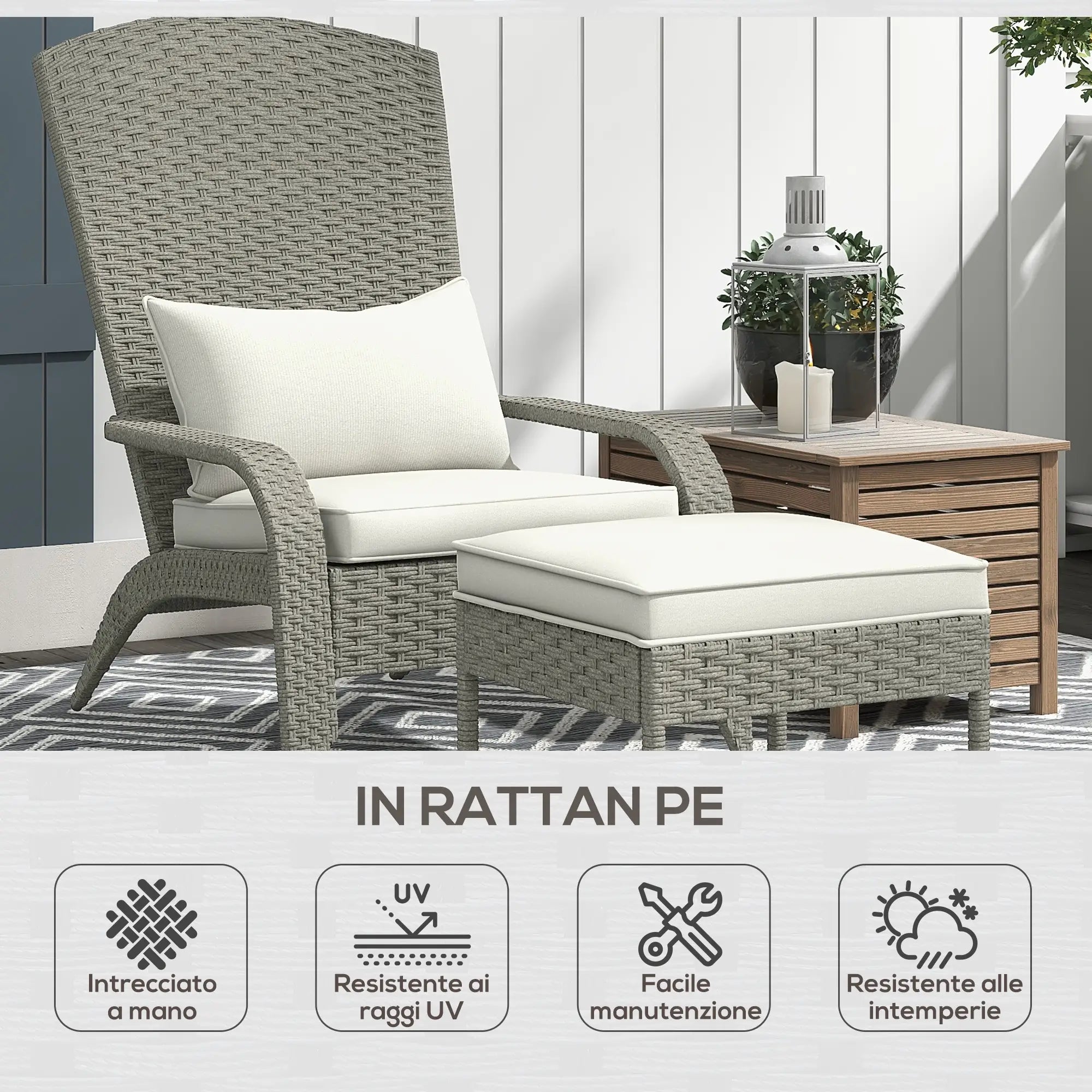Garden Chair with Footrest and Padded Cushions, in Rattan and Steel, 64x82x89 cm, Grey and Cream