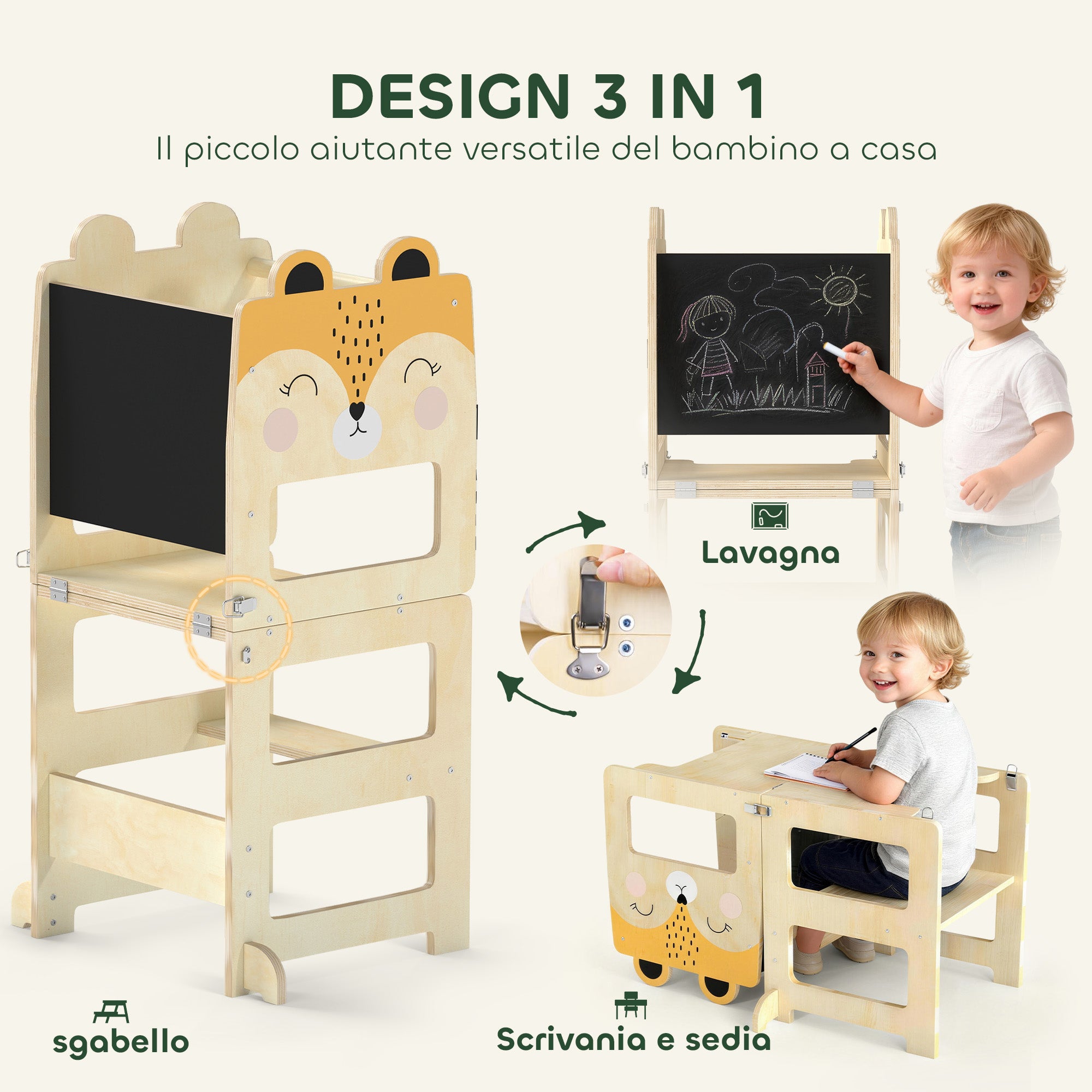 AIYAPLAY Montessori Tower for Children 2-5 Years with Blackboard and Table, Wooden, 57x39x93 cm, Wood Color