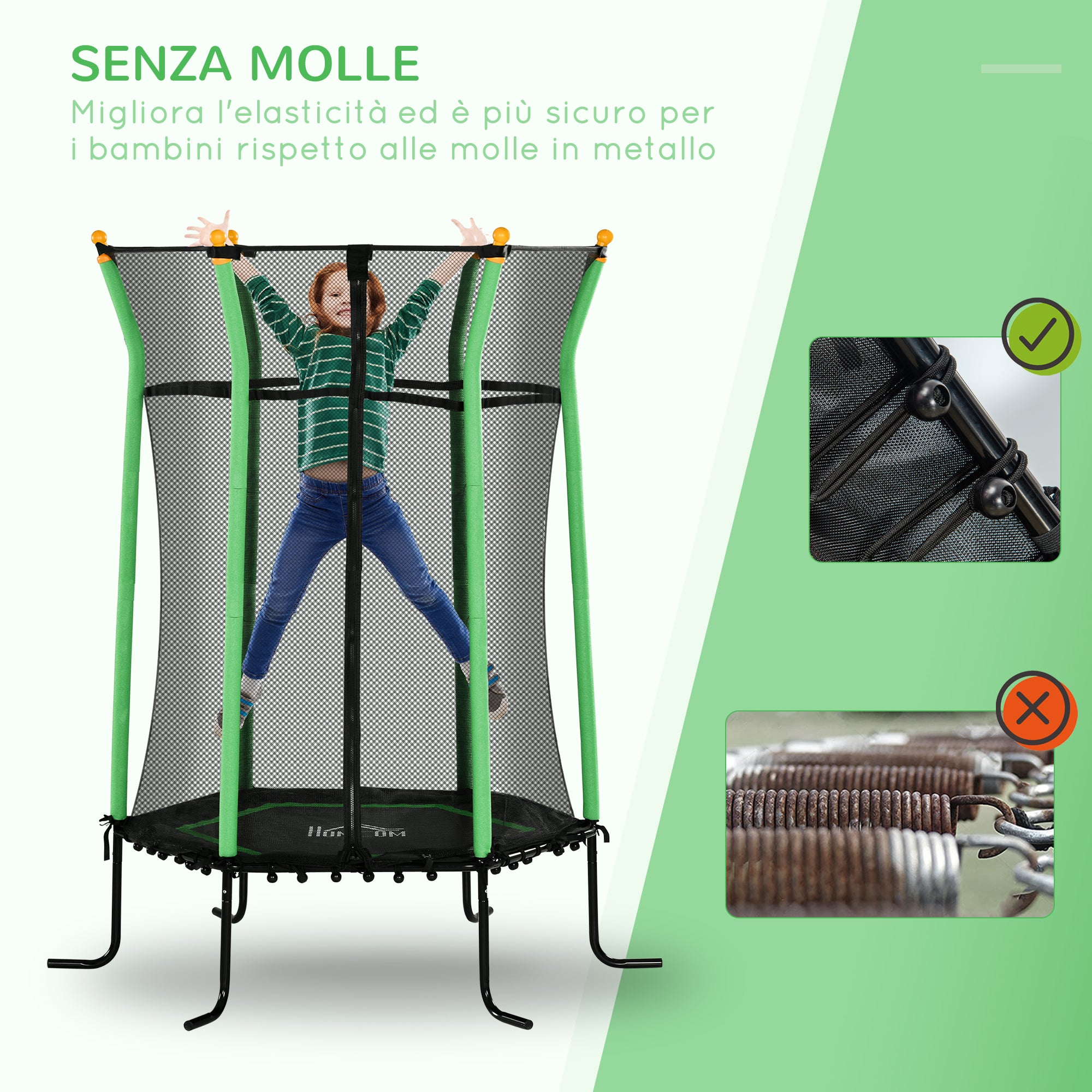 Trampoline for Children 3-10 Years with Zip Entrance and Padded Poles, Ø163.5x190 cm, Green