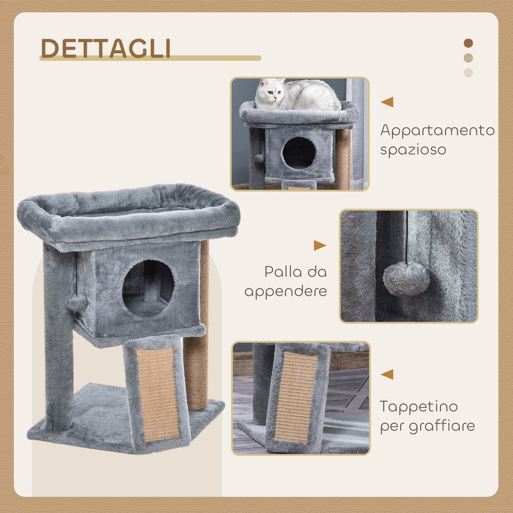 Cat Tree with Cat House and Plush Bed, Jute Scratching Post and Ball, Grey