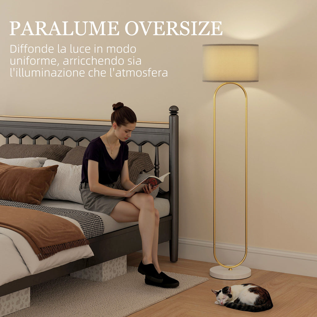 Modern Floor Lamp with Fabric Shade, Double Metal Tube and Foot Switch, Gold