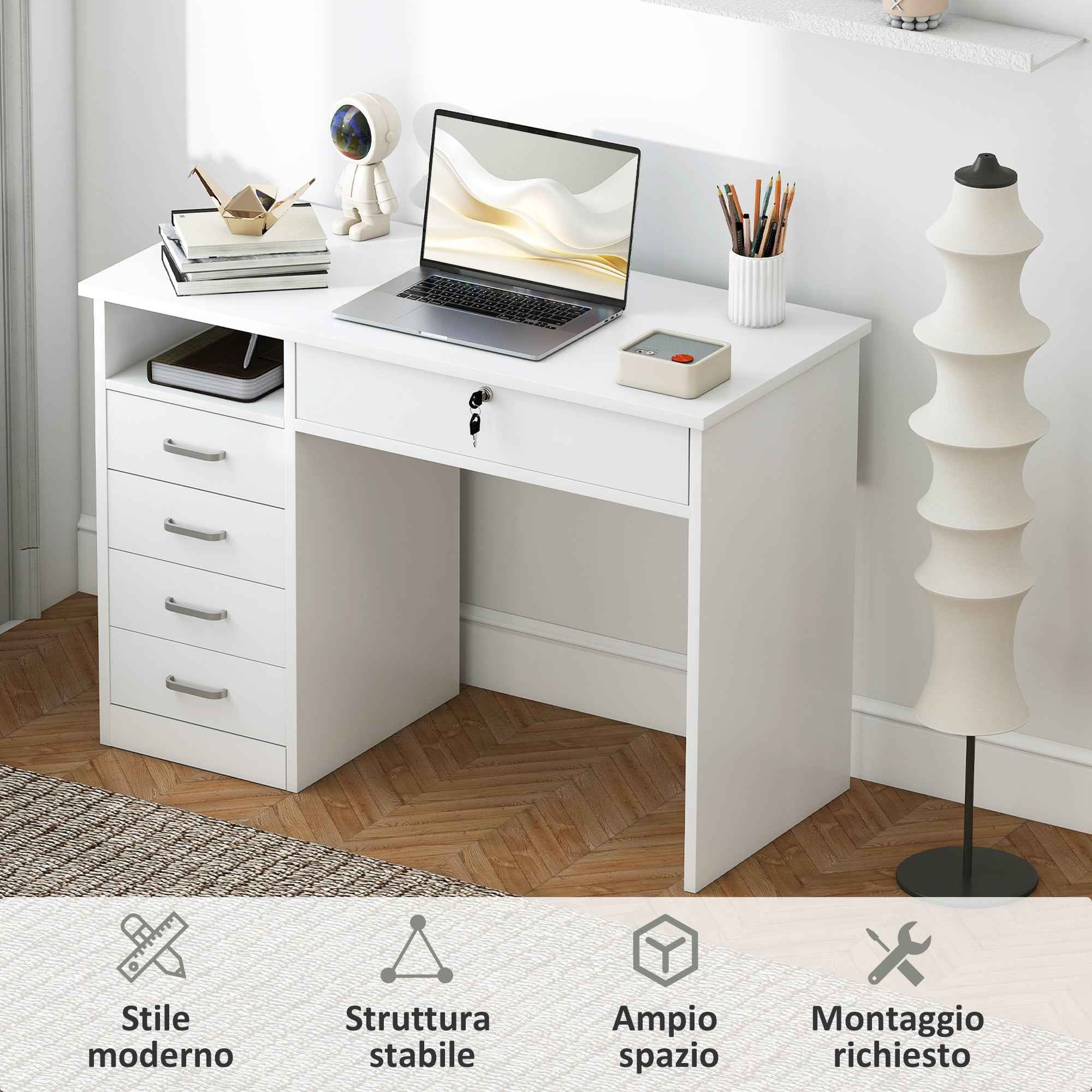 HOMCOM Wooden Desk for Bedroom or Office with 2 Drawers and 2 Keys, 110x50x76cm - White