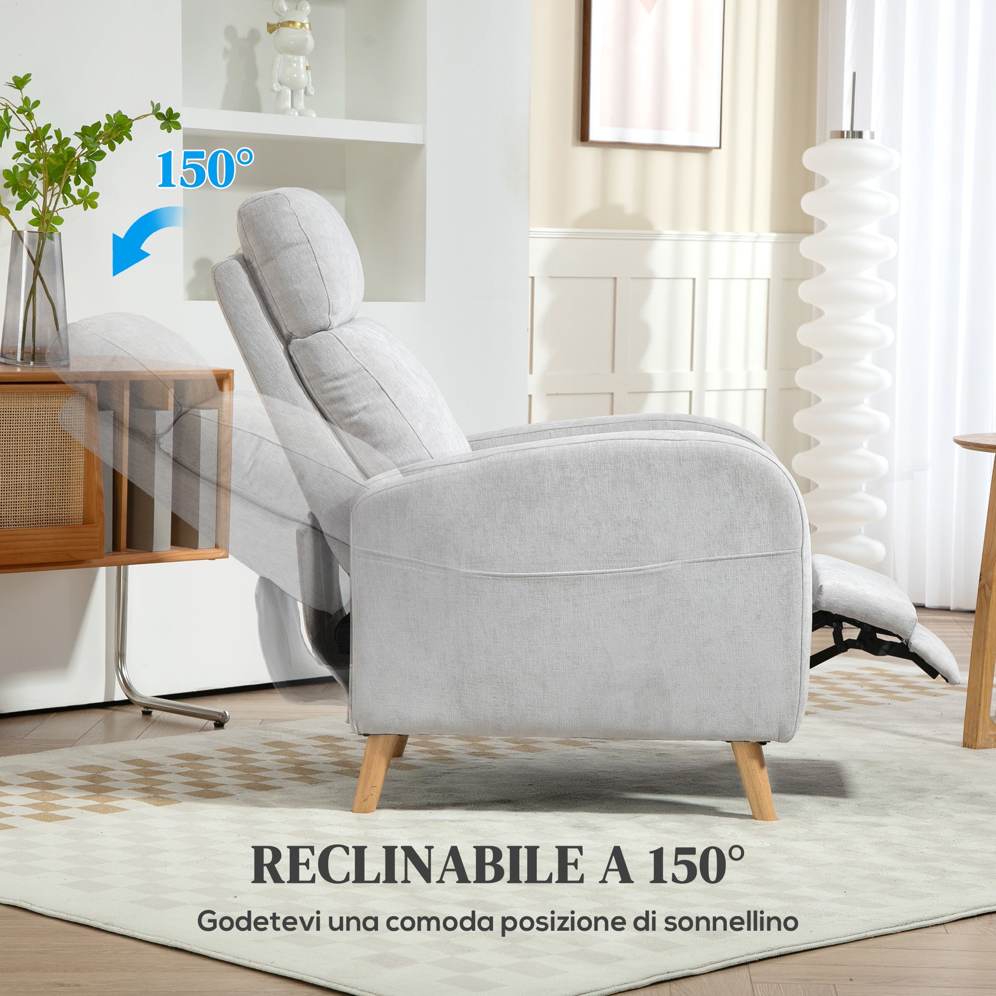 Reclining Armchair 150° max with Footrest, in Linen Effect Fabric, 68x90x106 cm, Light Gray