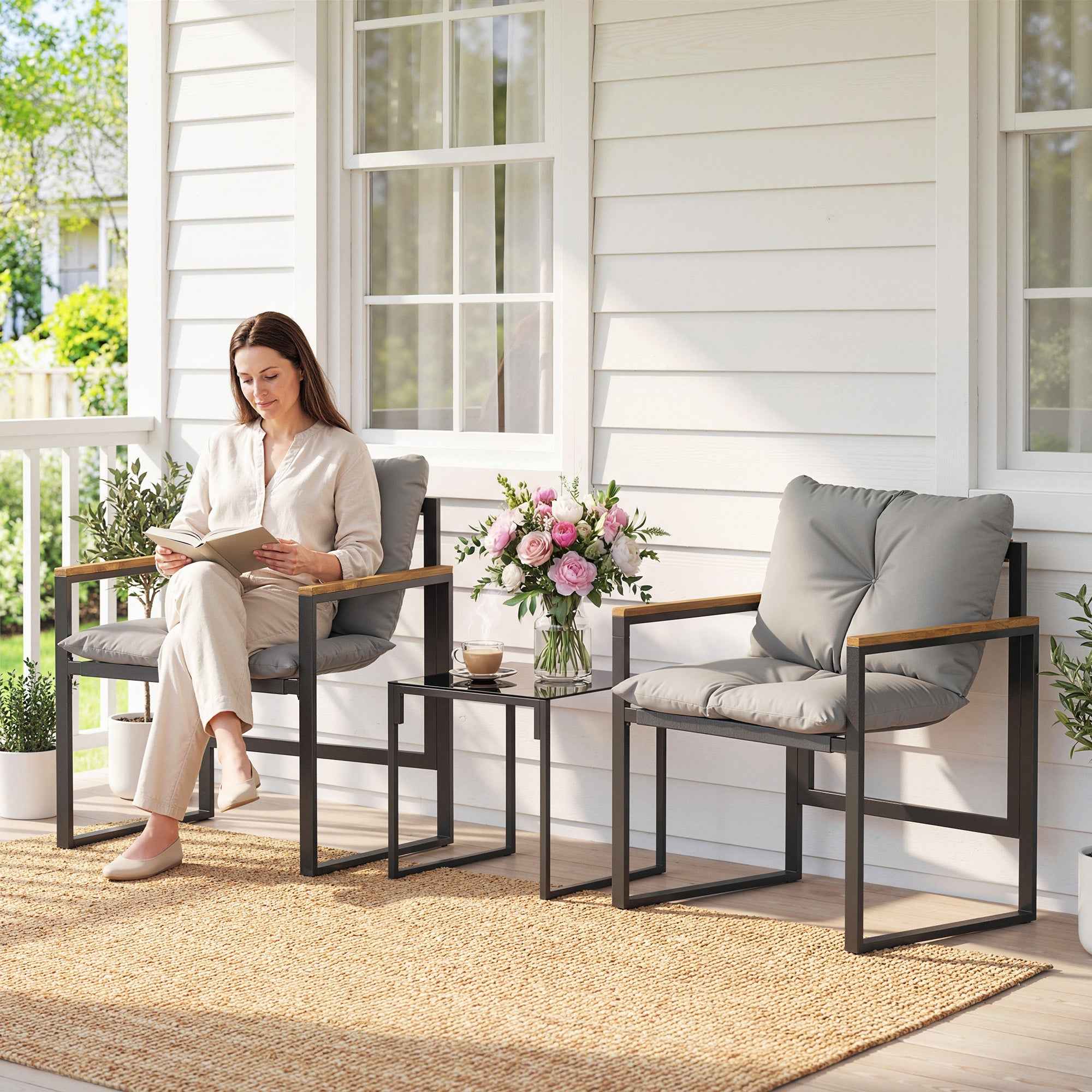 Outsunny 3-Person Metal Outdoor Table and Chair Set with Thick Cushions, Multicolor