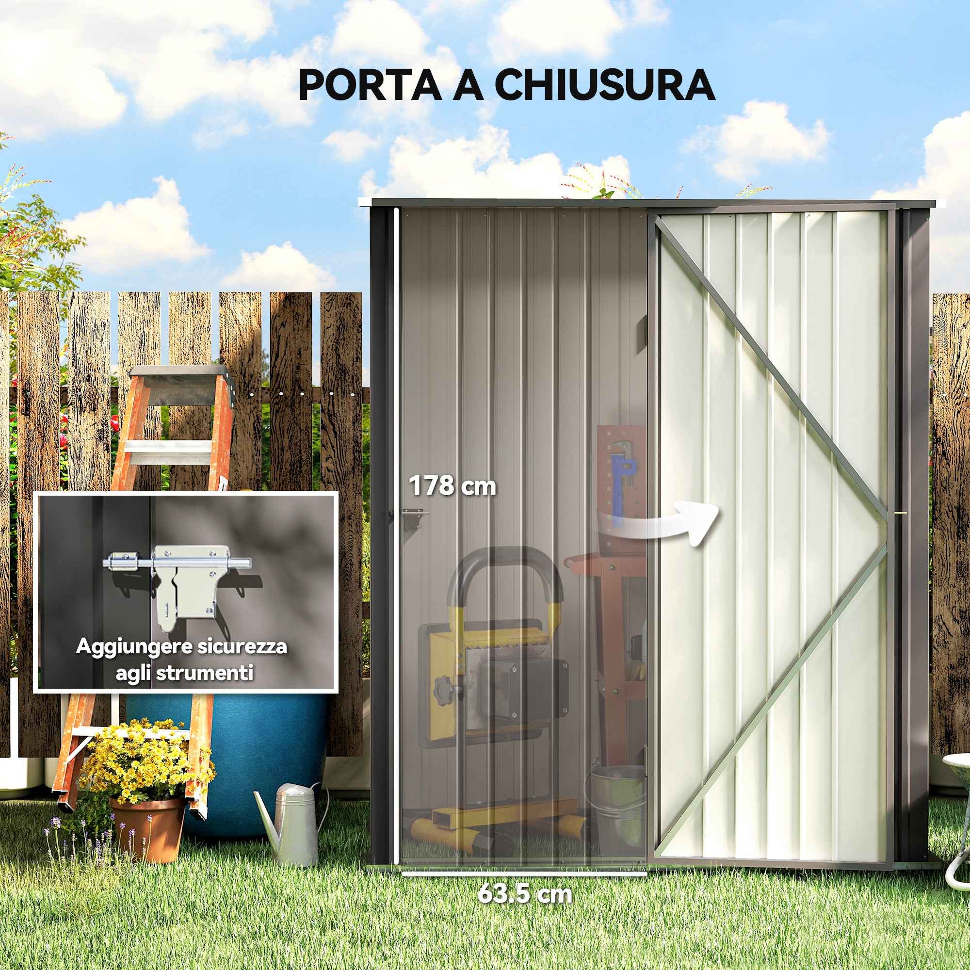 Outsunny Steel Garden Shed with Latch, 161.5 x 94.5 x 196 cm, Light Grey