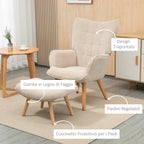 Relaxing Chair with Pouf Footstool in Corduroy with High Back and Armrests, Beige