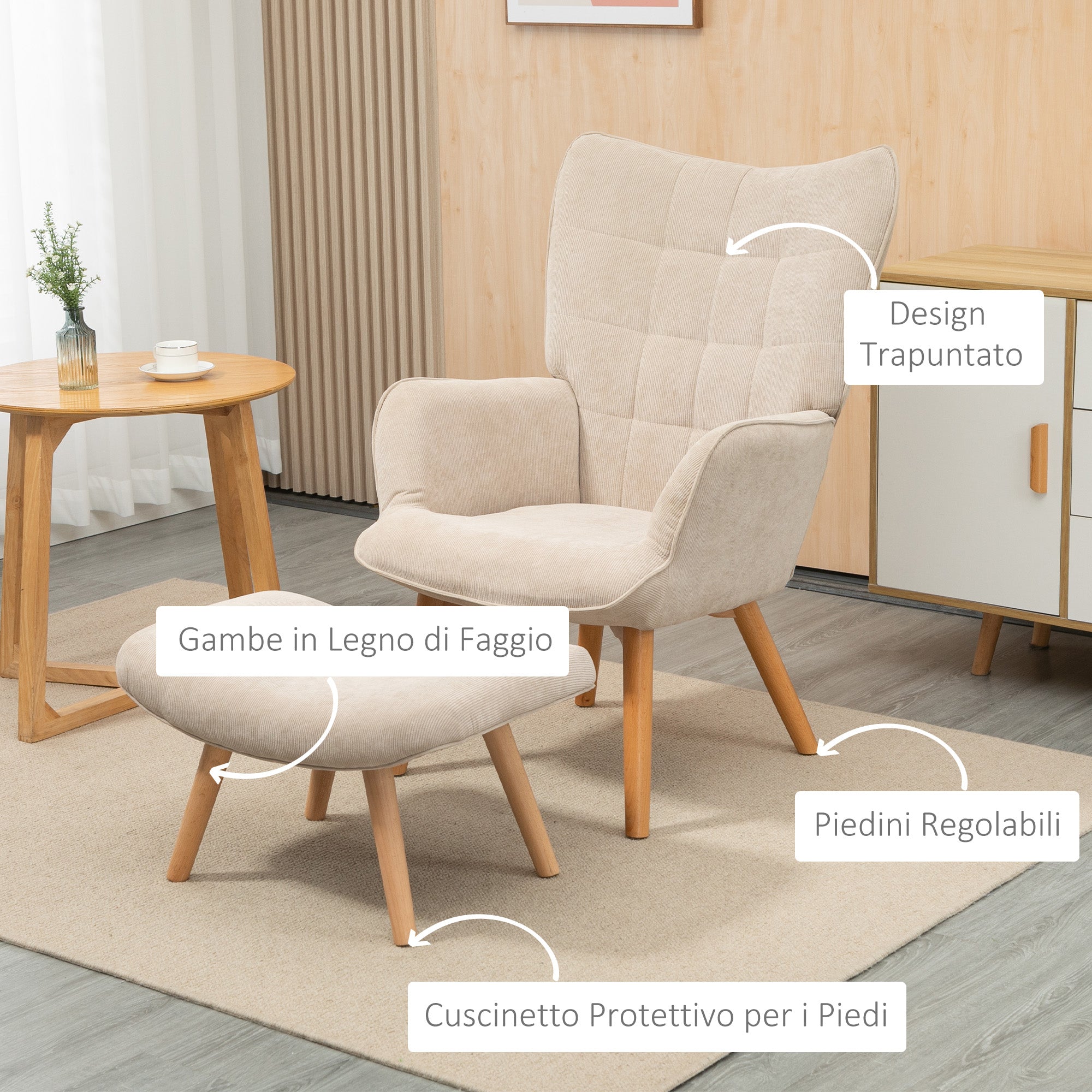Relaxing Chair with Pouf Footstool in Corduroy with High Back and Armrests, Beige