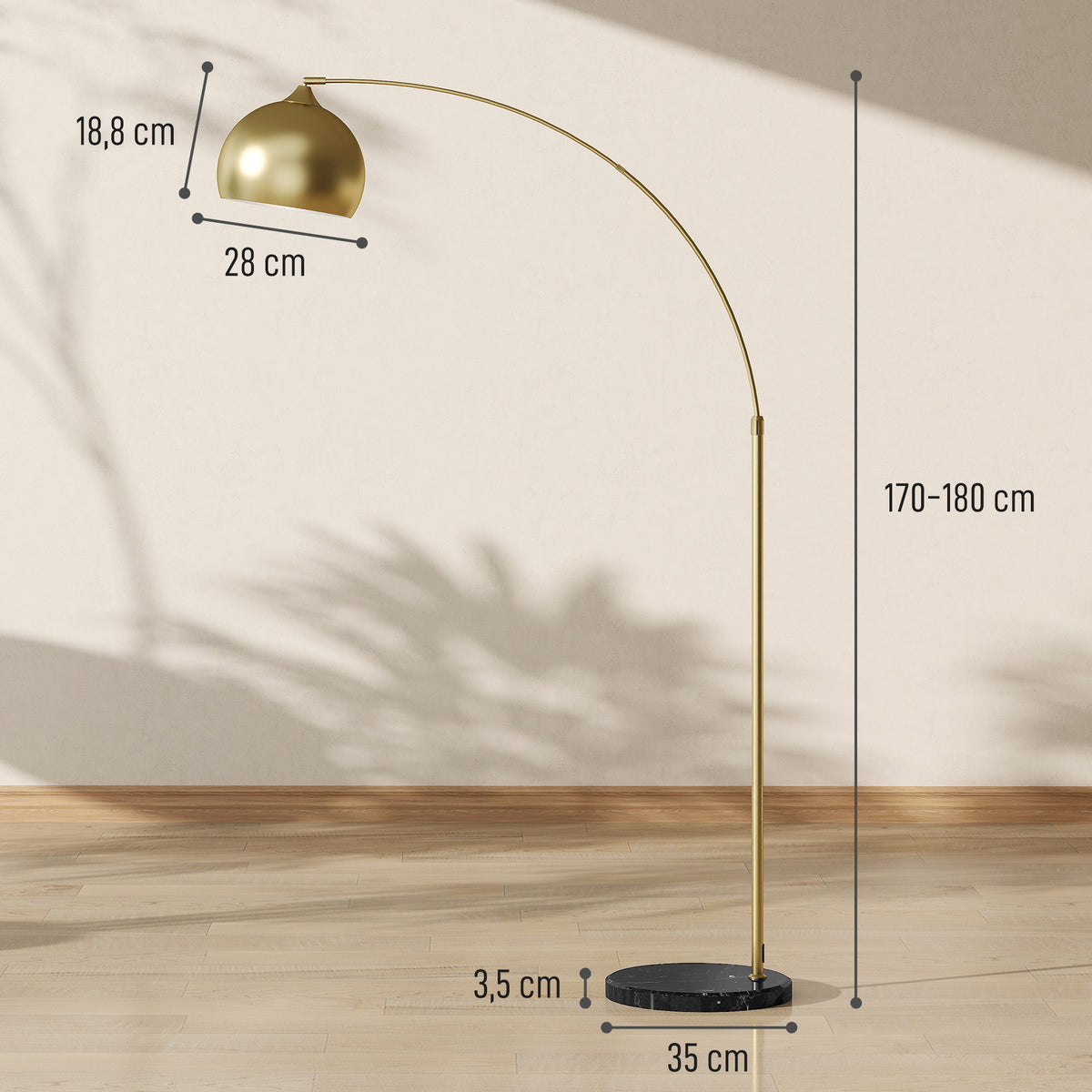 HOMCOM Modern Arc Floor Lamp with Adjustable Rod and Foot Switch, E27 Socket, Gold