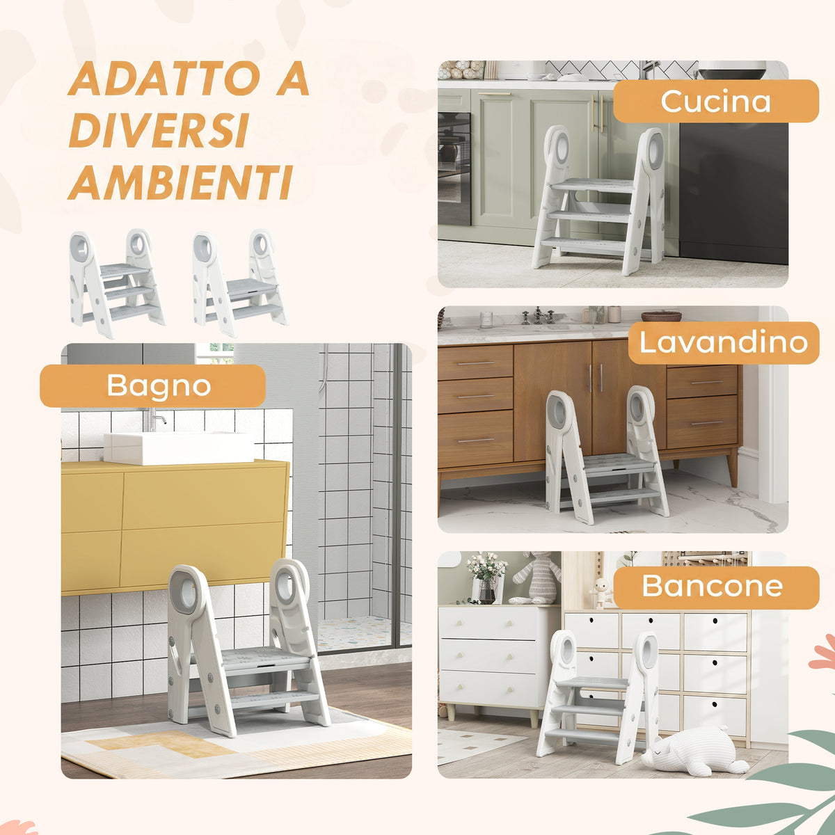 AIYAPLAY Montessori Tower for Children, Foldable, 3-Step Adjustable, with Handle and Non-Slip Surface, Grey
