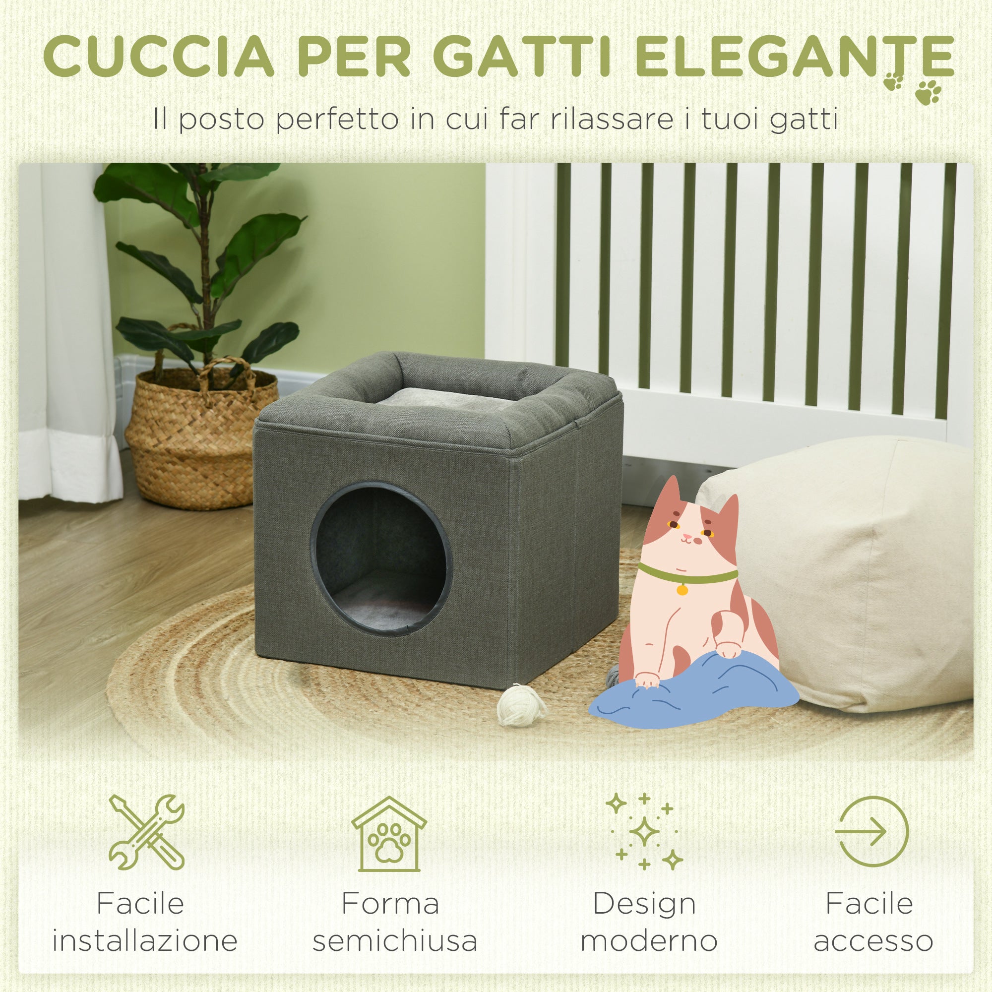 2-Tier Cat House with Plush Cushion, Made of Wood, Polyester and Plastic, 36.5 x 36.5 x 33 cm, Green