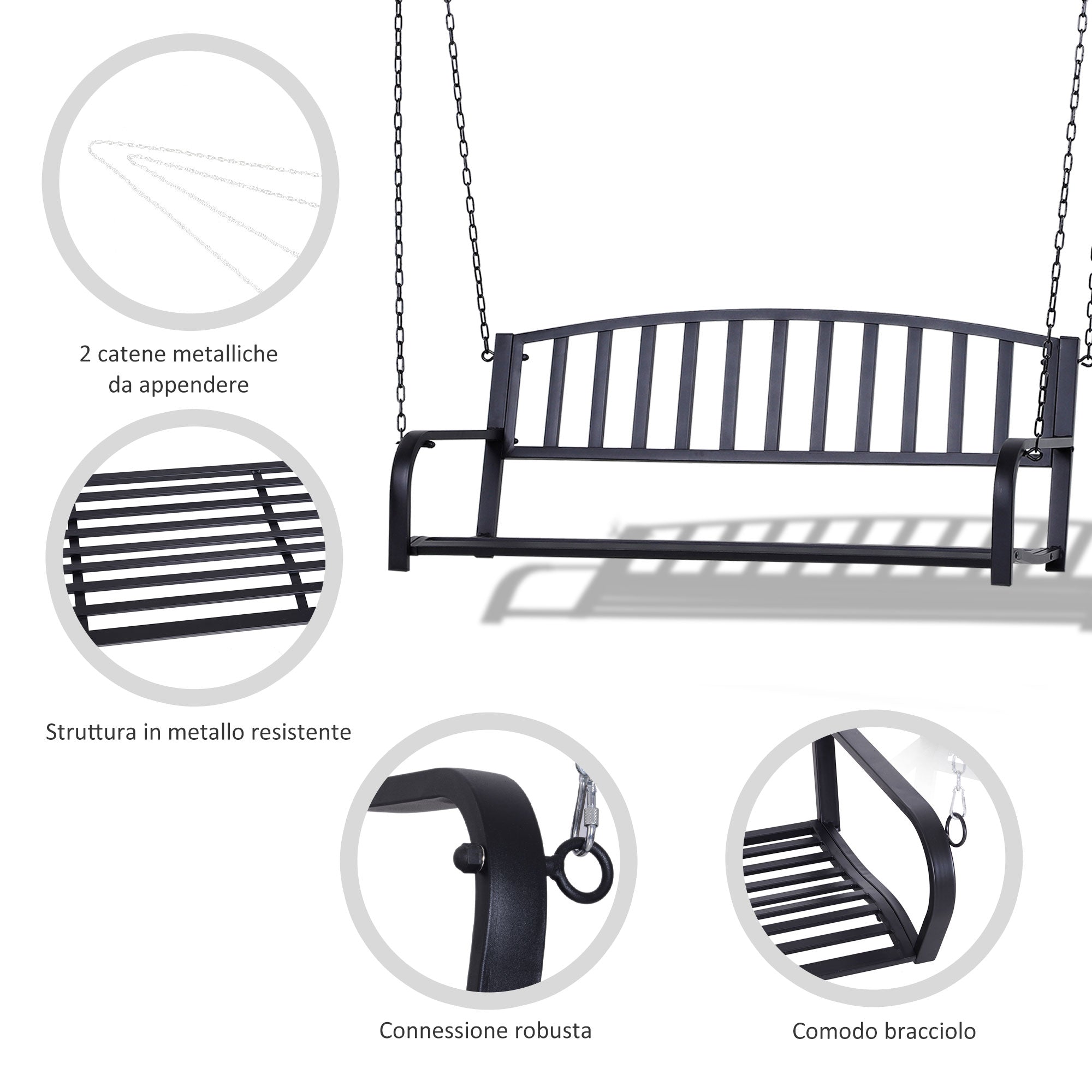 2-Seater Hanging Garden Swing, Romantic Black Metal Outdoor Bench, 127 x 60 x 47cm