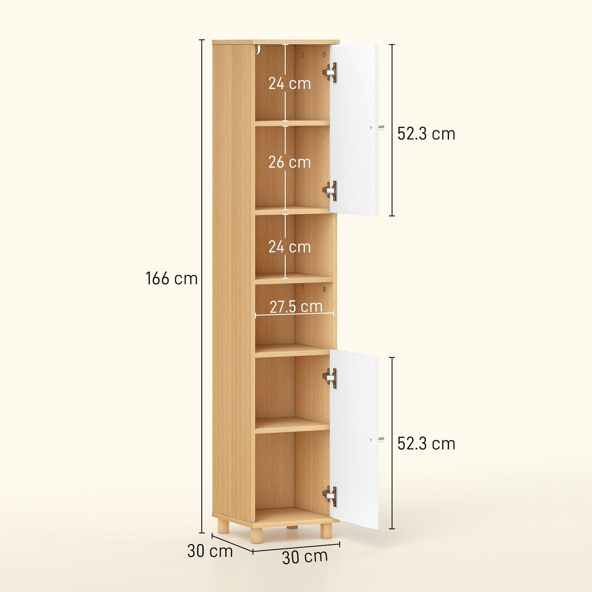 Bathroom Cabinet with 2 Cabinets and Open Shelves, Adjustable Internal Shelves, 30x30x166 cm, White and Wood