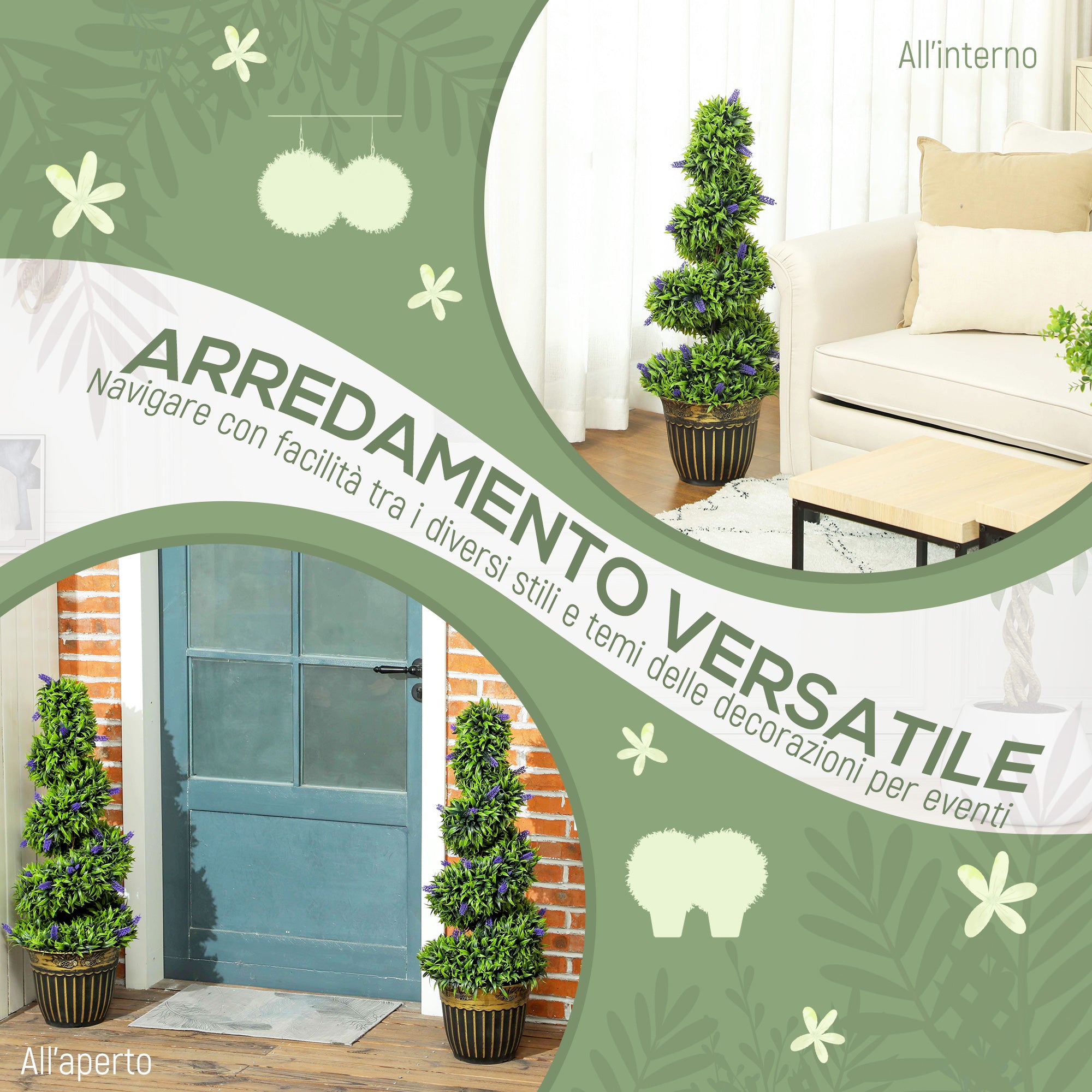 Set of 2 Artificial PE Spiral Plants, 90cm, with Pot Included, Green and Blue