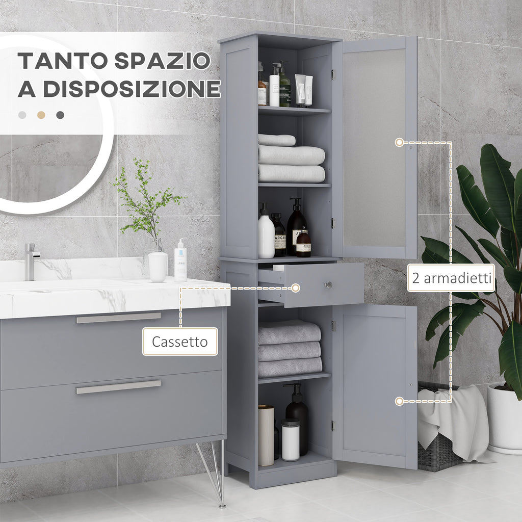 Bathroom Column Cabinet Space Saving with Cabinet, Drawer and MDF Shelves, 40x27x171.5cm, Grey