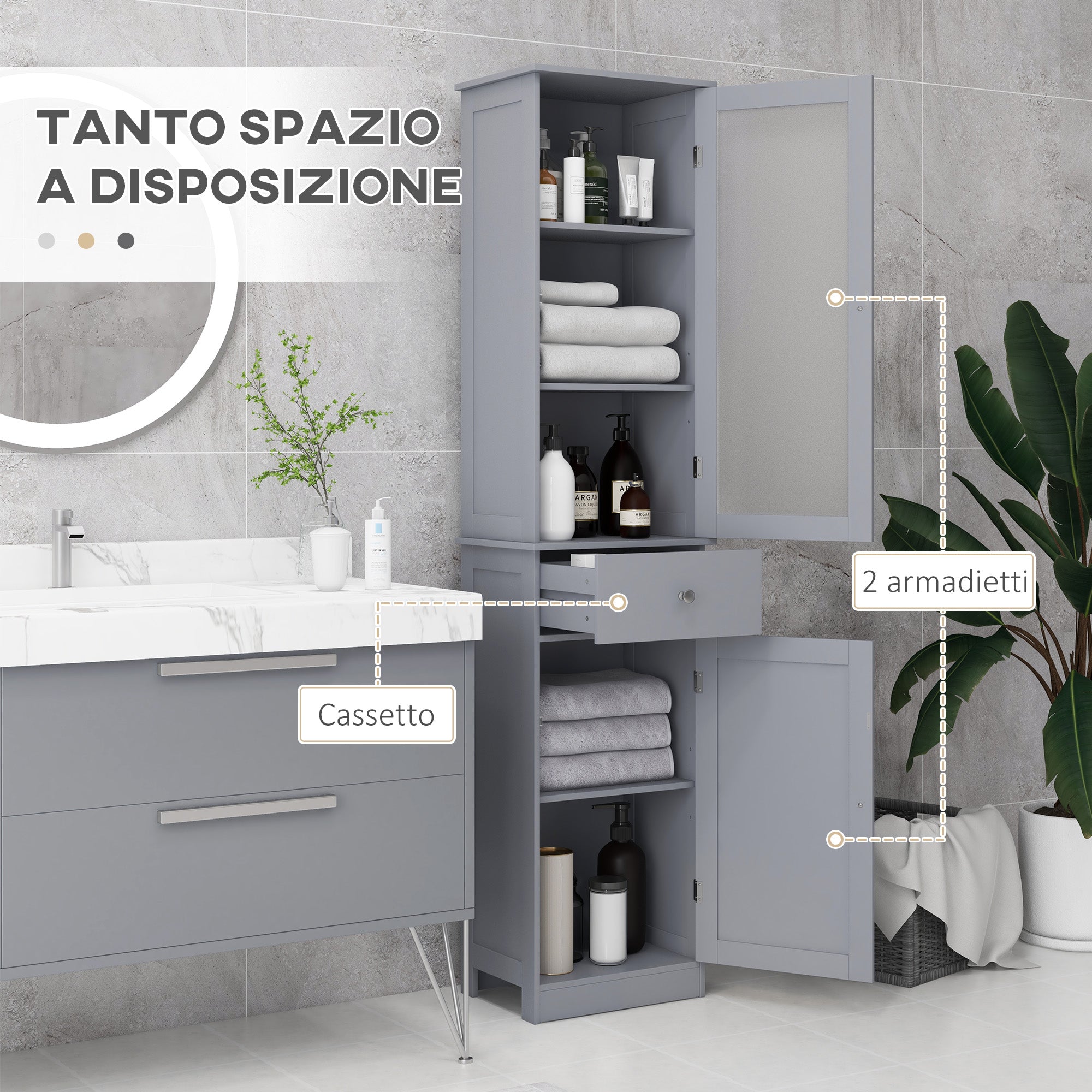 Bathroom Column Cabinet Space Saving with Cabinet, Drawer and MDF Shelves, 40x27x171.5cm, Grey