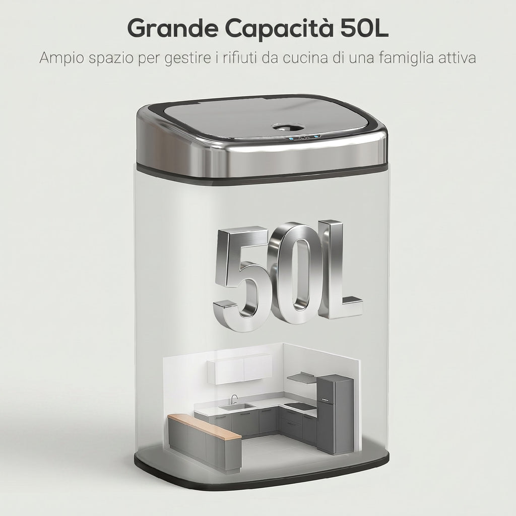 HOMCOM 50L Stainless Steel Infrared Sensor Trash Can with 2 Opening Modes, Silver