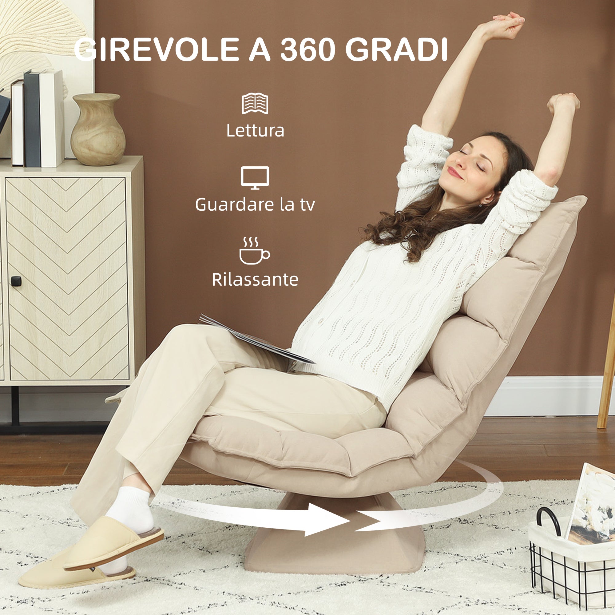 HOMCOM 360° Swivel Relaxing Chair with 5-Position Adjustable Backrest in Linen-Effect Fabric, Beige