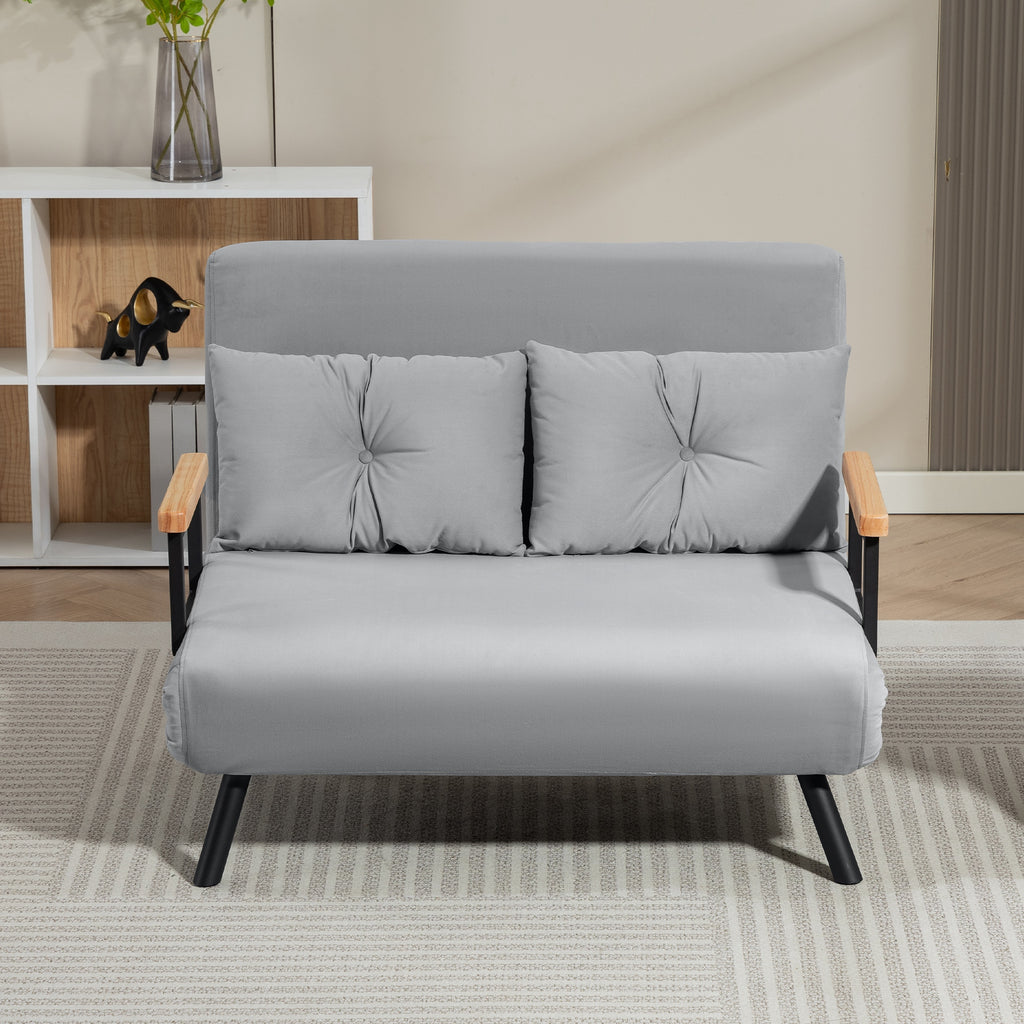 HOMCOM 3-in-1 Velvet Fabric Sofa Bed with Adjustable Backrest and 2 Cushions, 102x73x81 cm, Light Grey