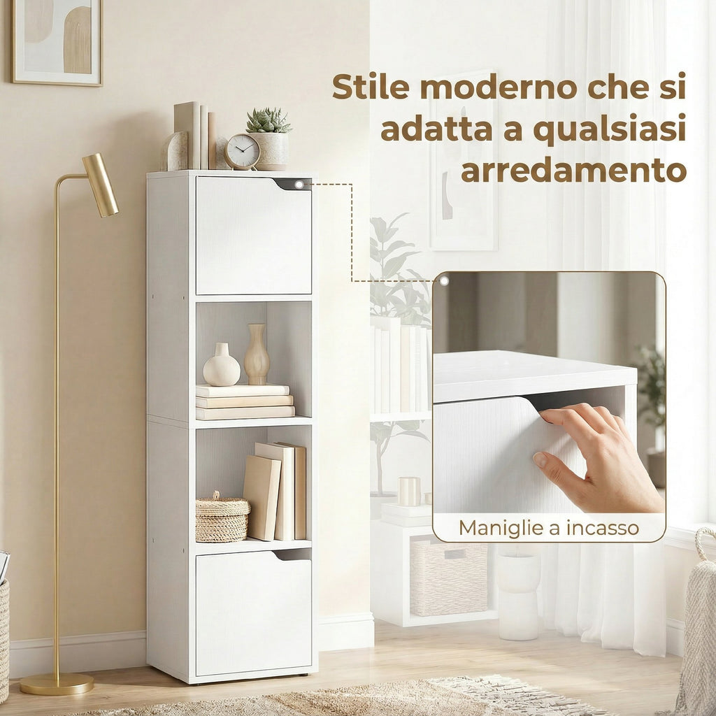 HOMCOM Modern Bookcase with 2 Cabinets and 4 Doors, 30x29x119 cm, White