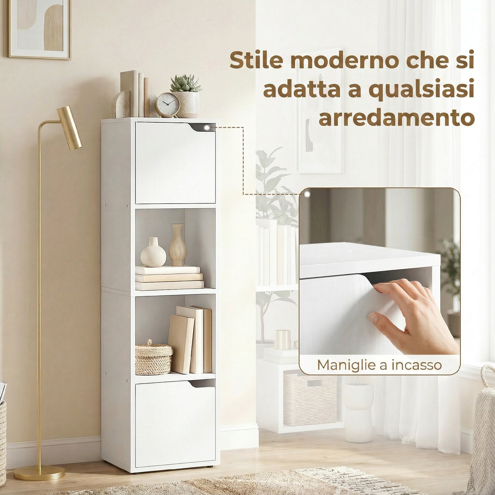 HOMCOM Modern Bookcase with 2 Cabinets and 4 Doors, 30x29x119 cm, White