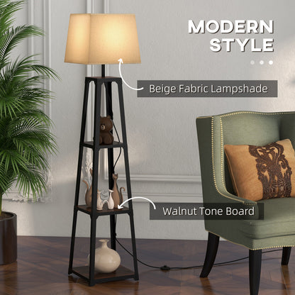 Floor Lamp in Metal and MDF with 3 Shelves with Fabric Lampshade, Ø42x166 cm, Black and Beige