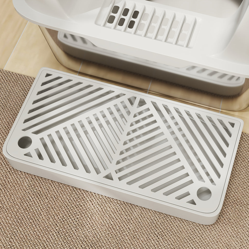 Cat Litter Box with Step, Scoop and Storage Box, in Stainless Steel and ABS, 60.2x40.6x29 cm, Light Grey