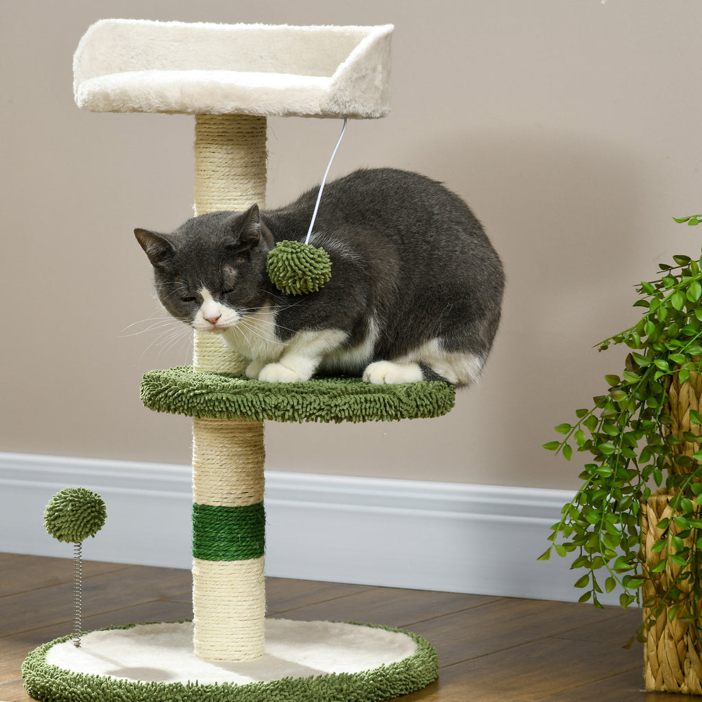 Cat Tree with Cat Bed, 2 Balls, Platform and Sisal Post, Green and White