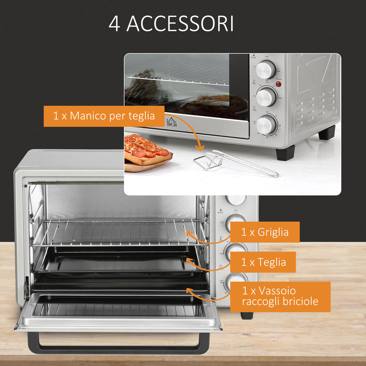 HOMCOM 32L Electric Oven with Temperature and Timer Control, 3 Cooking Modes and Accessories, Silver