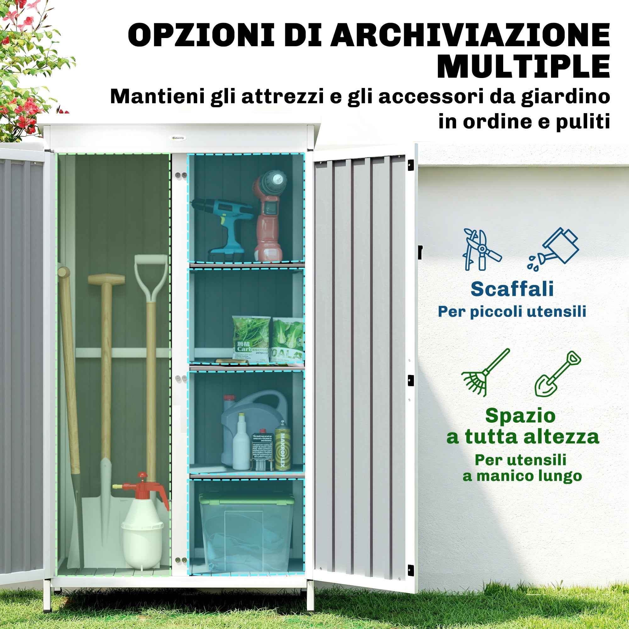 Outsunny Garden Cabinet with Removable Shelves and Lockable Door, Wood and Steel, 94x43x166 cm, White and Black