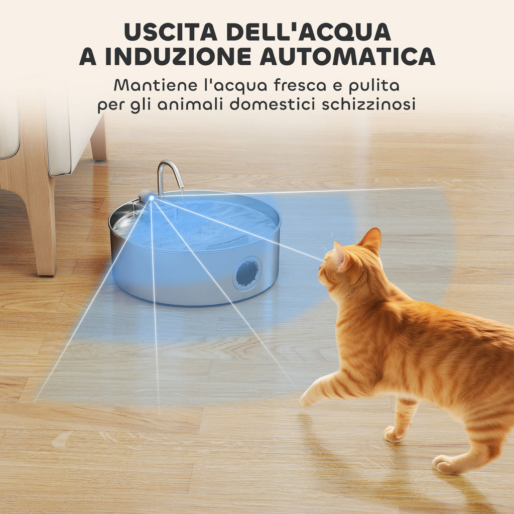 7L Cat Water Fountain with LED Light and Triple Filtration, 304 Stainless Steel, 30.5 x 31.2 x 19.3 cm, Silver