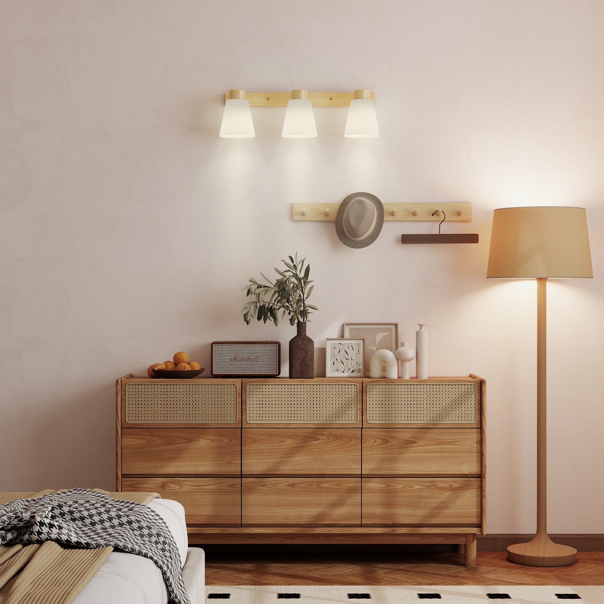 Ceiling Lamp with 3 Adjustable Light Points at 90° and E27 Sockets, Wood Color