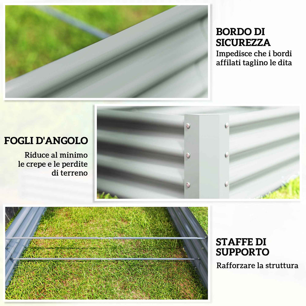 Outsunny Outdoor Steel Planter with Open Bottom and Reinforced Edges, 240x120x30 cm, Silver