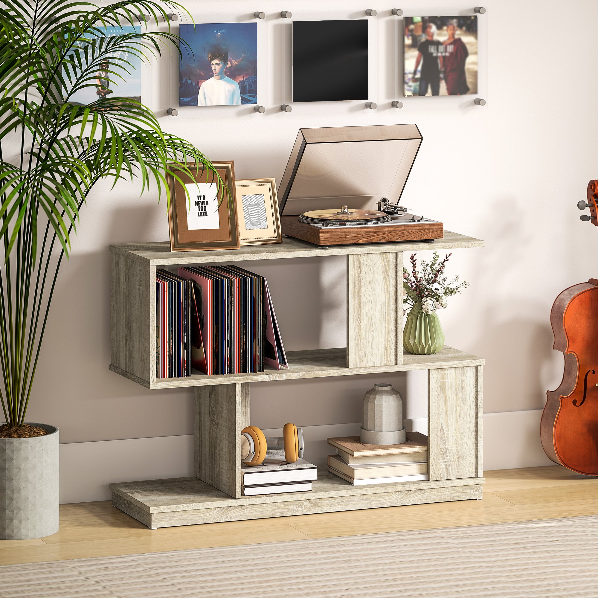 Modern S-Shaped Coffee Table with 3 Shelves for Living Room and Lounge, 90x30x61 cm, Wood