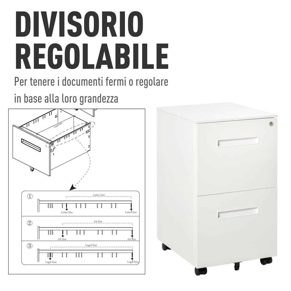Office Drawer Cabinet with Wheels, 2-Drawer File Cabinet with Lock and 2 Keys in Steel, 39x48x67cm, White