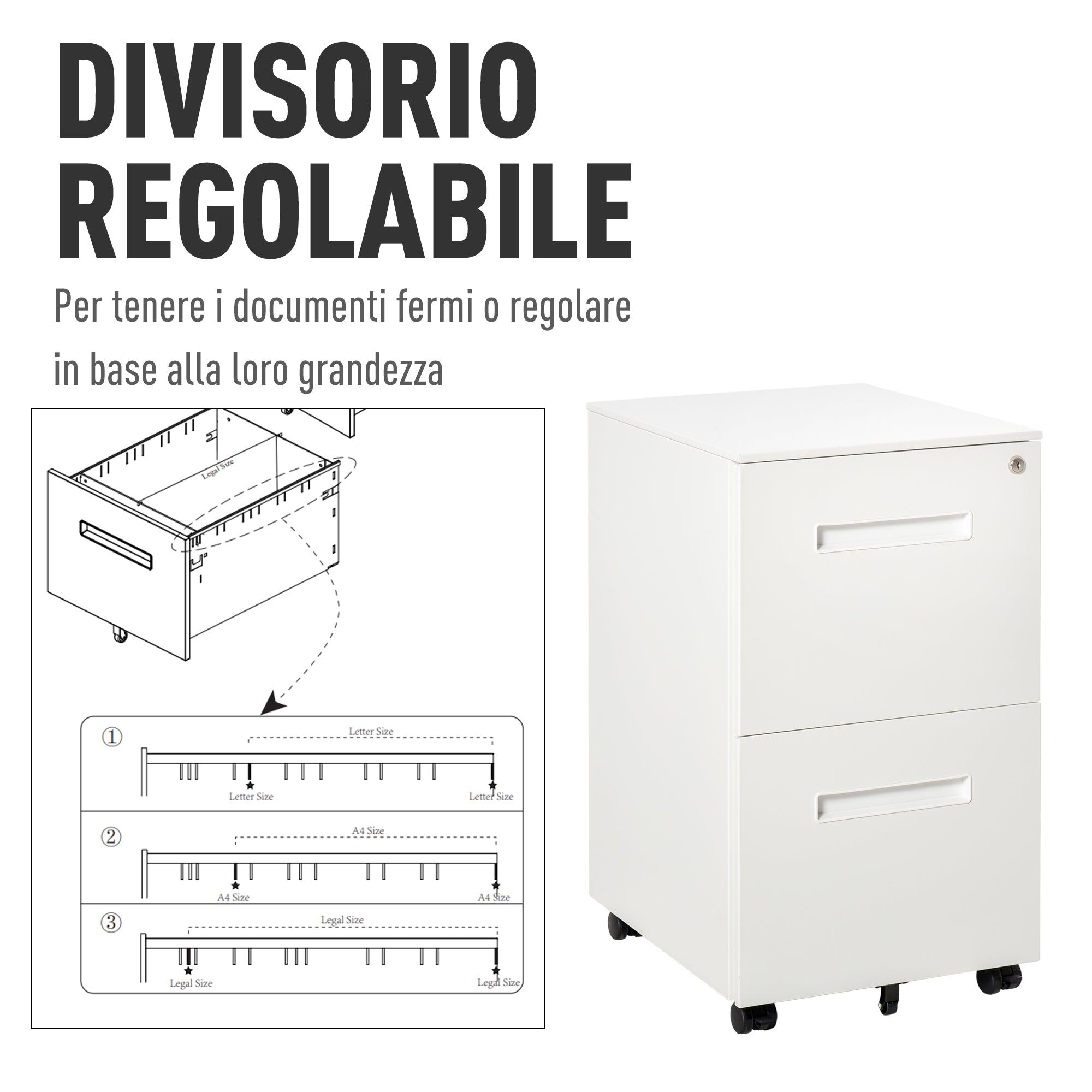 Office Drawer Cabinet with Wheels, 2-Drawer File Cabinet with Lock and 2 Keys in Steel, 39x48x67cm, White