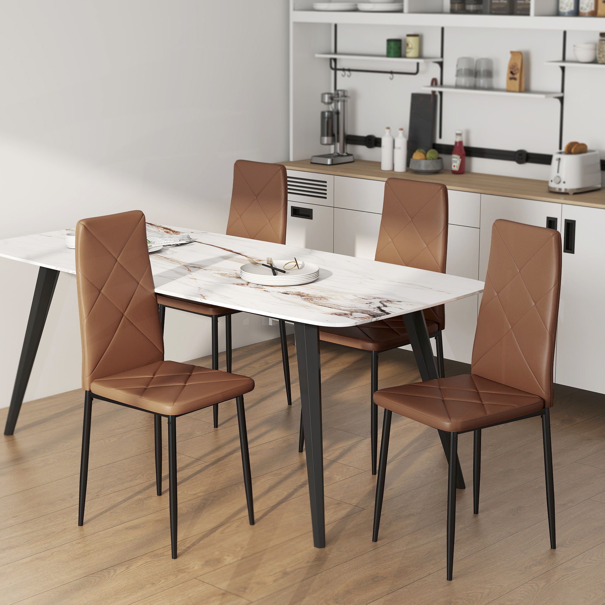 Set of 4 Modern High-Back Dining Chairs in Faux Leather and Steel, 41x50x97 cm, Brown